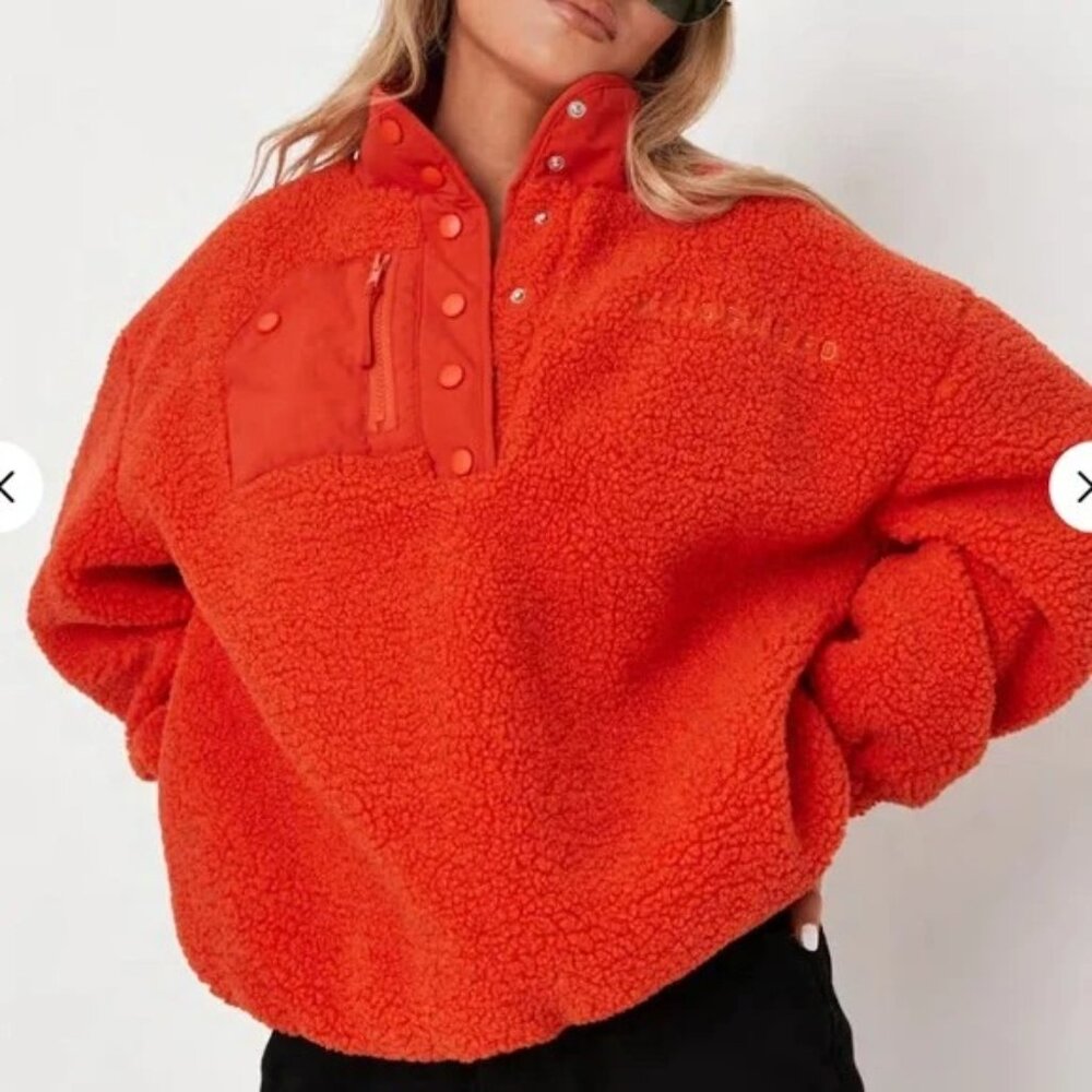 Missguided Red Orange Borg Teddy Sherpa Quarter Snap Sweatshirt Jacket US 4